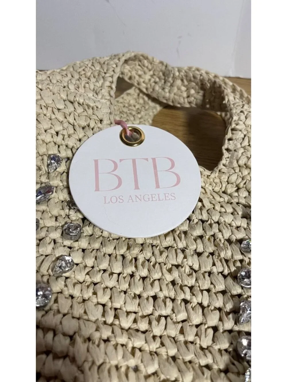 Beige Woven Straw Bag With Rhinestone Accents & Adjustable Strap Minimalist